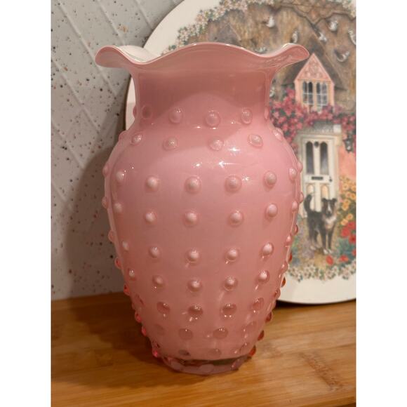 Vintage Fenton Pink Hobnail Milk Glass Vase Ruffled Flared Rim Valentine’s Gift